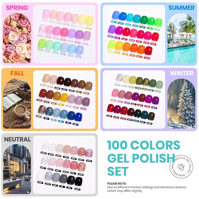 Beetles Gel Nail Polish Set - Chroma Dreams 100 Colors Polish Kit, Pink Blue Orange Purple Fall Winter Gel Nail Colors, with 5Pcs Base Top Coat Soak off UV Gel