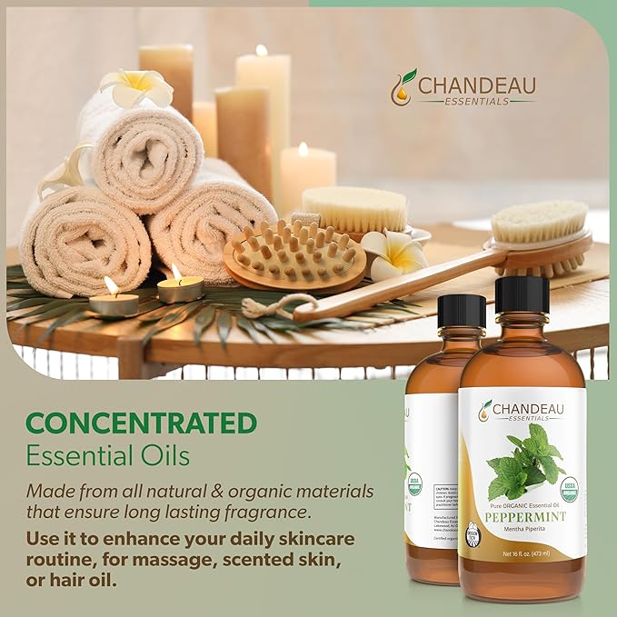 100% Pure Organic Essential Oil, Pure Peppermint Essential Oil for Aromatherapy, Soap Making, Candles, Laundry, Perfume, Cleaners or Diffusers - Large Amber Glass Bottle, 16 oz.