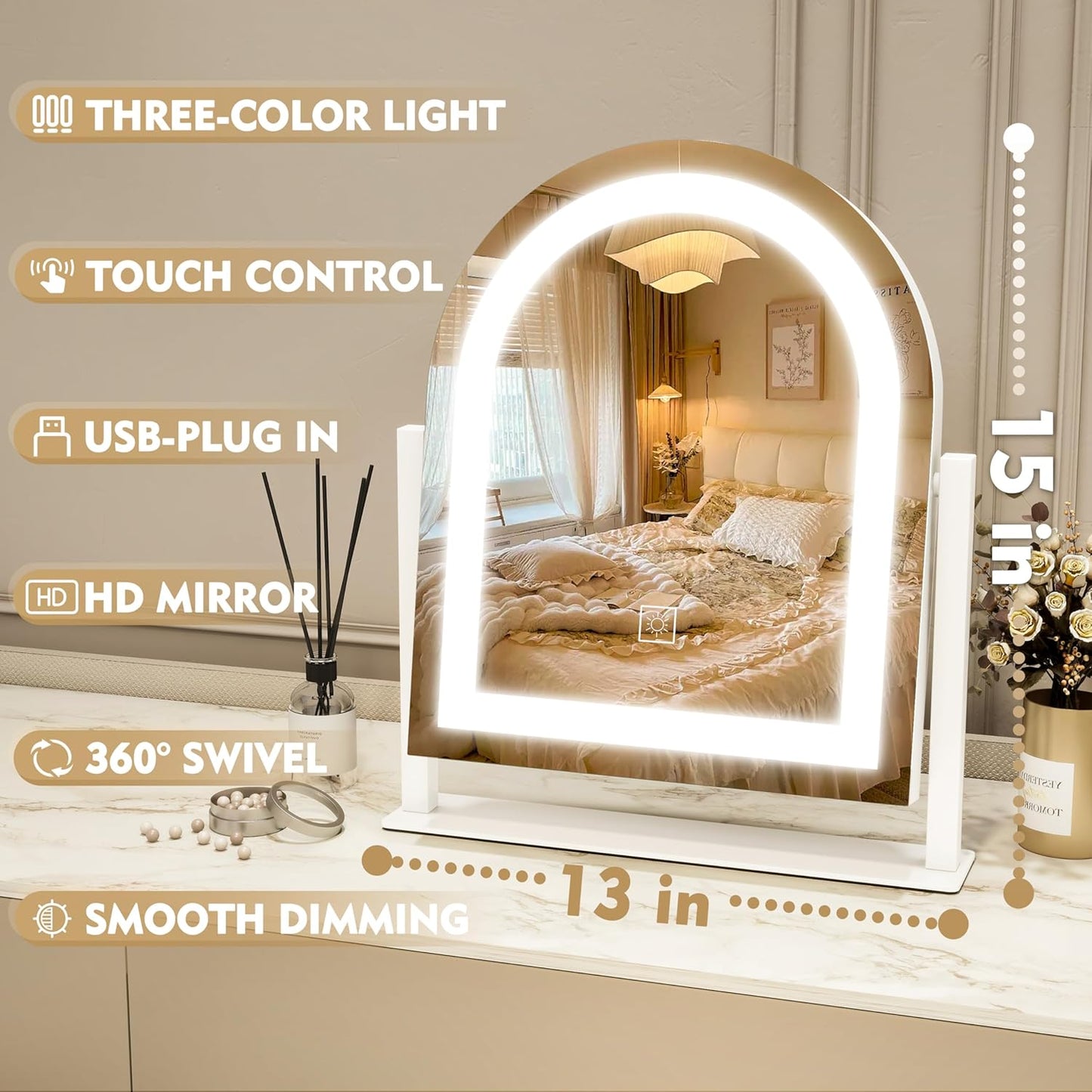 Lighted Makeup Mirror with 3-Color Dimmable Lighting, with Removable 10x Magnifier, Smart Touch Control, 360° Rotation, 15" x 13" Hollywood Vanity Mirror for Tabletop or Desk (White)