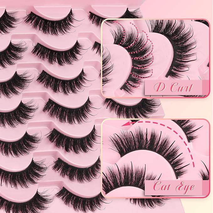 Ahrikiss Lashes Fluffy Eyelashes Wispy Thick False Eyelashes Spiky Manga Lashes D Curl Cat Eye Lashes Natural Look 3D Volume Anime Fake Eyelashes Faux Mink Lashes 14 Pairs Pack (Spike03)