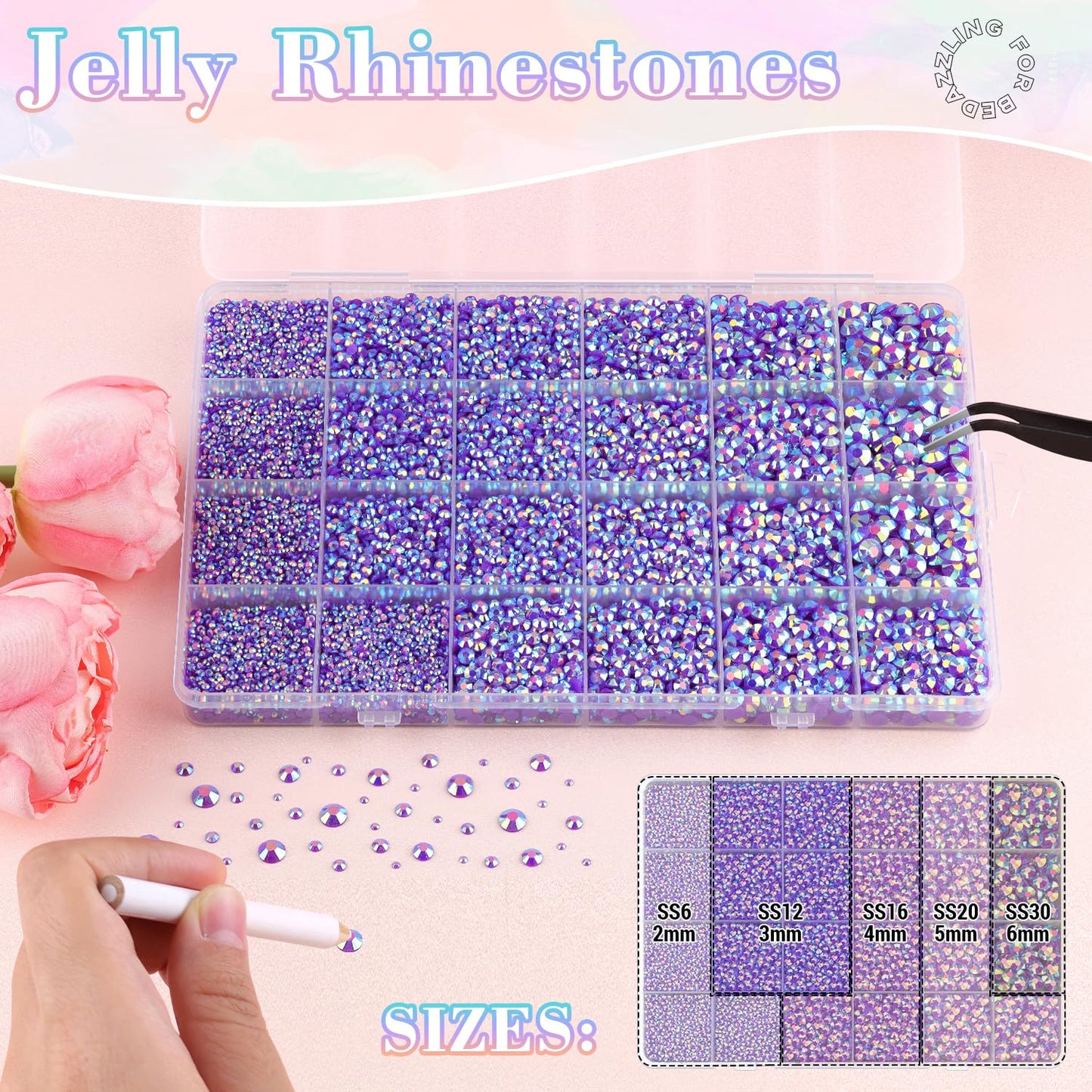 25000Pcs Resin Jelly Rhinestones with Tweezers for Crafting, 2-6mm Mixed Sizes (Dark Purple AB) Non Hotfix Flatback Gems, Bedazzling Crystal for DIY Crafts Clothing Tumblers Mugs Shoes Decor Nail Art
