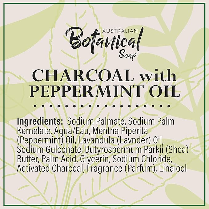 Australian Botanical African Black Soap with Activated Charcoal and Peppermint Oil 6.6 oz, Pack of 8 Activated Charcoal Soap with Raw Organic Shea Butter, for All Skin Types