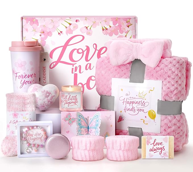 Birthday Gifts for Women, Gift Basket for Mom Wife Sister Her Friends, Luxury Self Care Spa Set with Blanket, Thank You Get Well Soon Holiday Gifts Box for Mother Valentine Day (Pink)