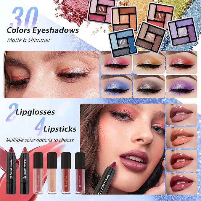 Color Nymph Makeup Kit For Women, Girls Makeup Set For Teens Professional Make Up Kits With Travel Case Full Cosmetics Kit w/ 35 Colors Eyeshadows Lipstick Blush Brushes Lipgloss Mascara