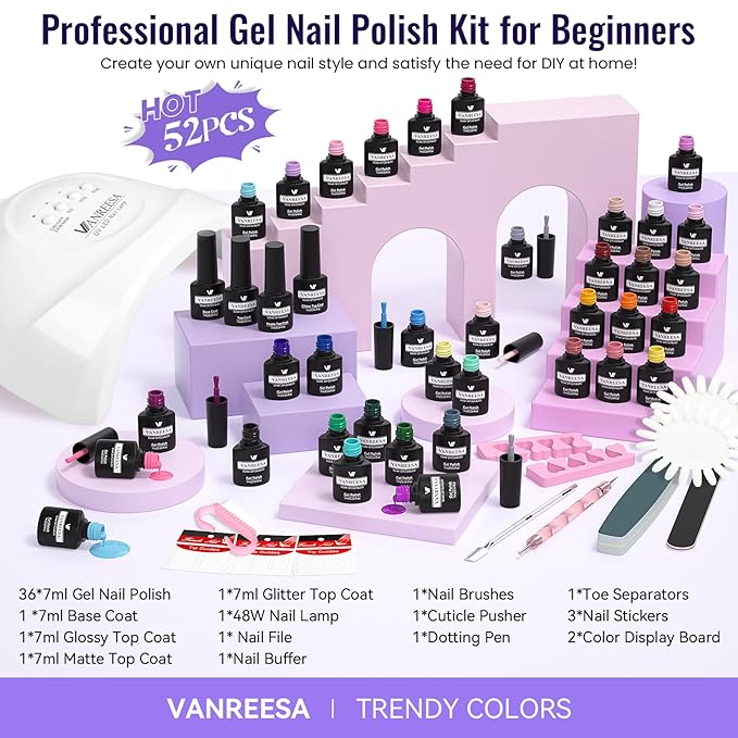 VANREESA Gel Nail Polish Kit with U V Light 52 Pcs Gel Polish Nail Set 36 Trendy Colors Nail Polish Set + Base and 3 Effects Top Coat with Manicure Tools Complete Nail Kit Gifts for Women Girls