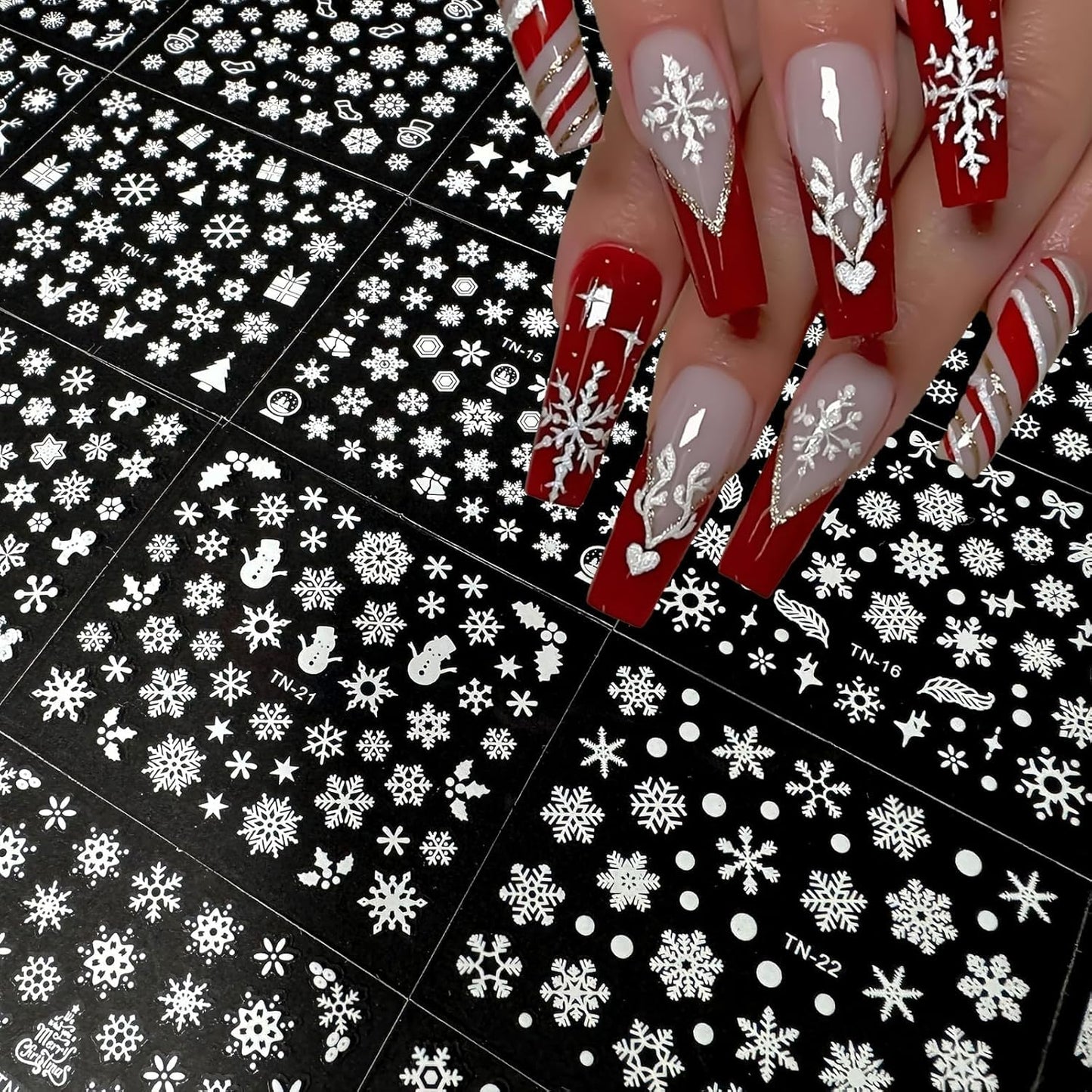 30 Sheets Christmas Nail Art Stickers 3D Self-Adhesive Snowflake Holiday Nail Stickers White Snowmen Santa Claus Elk Decals Decorations Supplies for Women (Snowflake)
