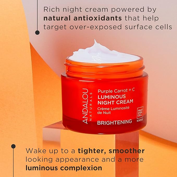 Andalou Naturals Purple Carrot + Vitamin C Luminous Skin Night Cream - Hydrating Face Moisturizer - With Fruit Stem Cell Complex for Radiant Skin - 1.7 fl oz
