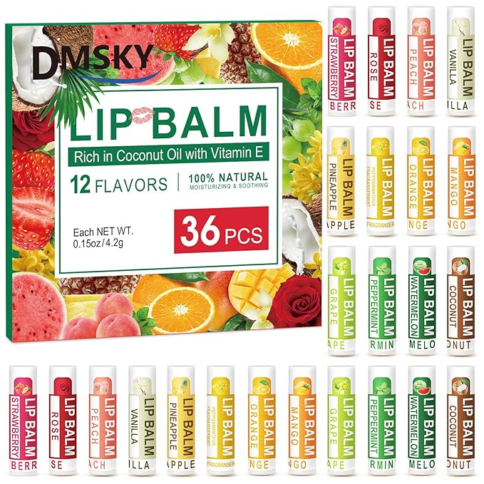 DMSKY Natural Lip Balm Bulk 36 Pack, Moisturizing Lip Balm with Vitamin E and Coconut Oil, Lip Care Product for Chapped Lips-12 Flavors
