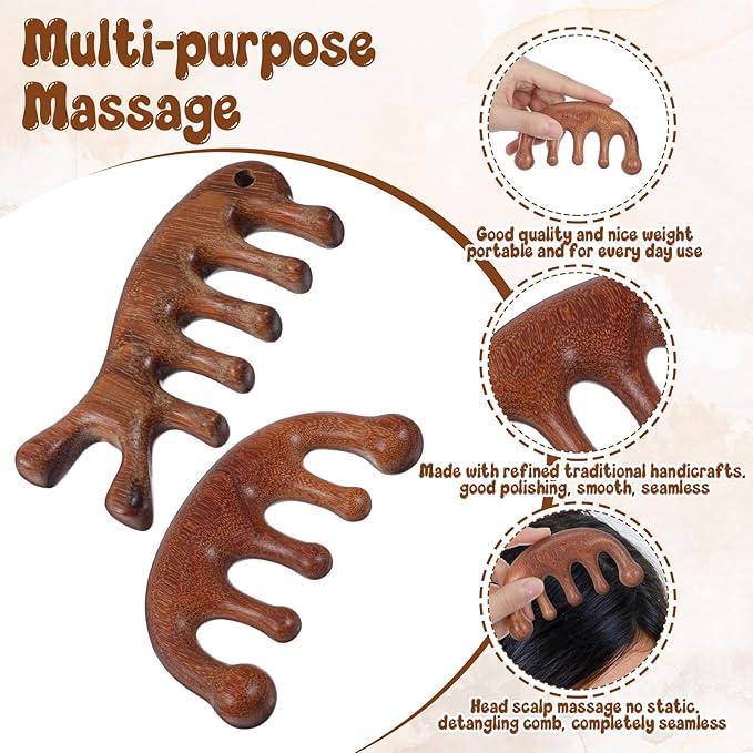 2pcs Wooden Scalp Massager Comb, Scalp Comb Tool for Dandruff Removal Head Neck Shoulders Hands Arms - Muscle Pressure Release Massage Brush