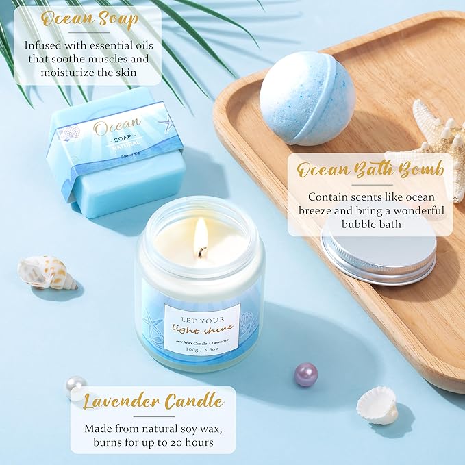 Birthday Gifts for Women, Ocean-Themed Gift Set for Women, Inspirational Thank You Gift Box, Christmas Gifts Beach Spa Self Care Basket for Her Teen Girl Sister Friend Friendship Mom