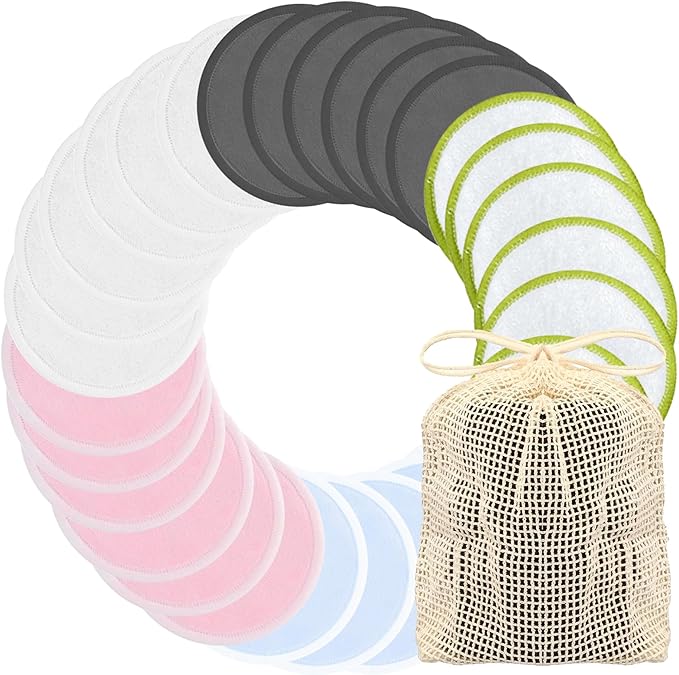 Chloven Reusable Cotton Rounds - 30 Pack Washable Bamboo Makeup Remover Pads for Gentle Cleansing Reusable Face Pads for Skincare & Nail Polish Removal with Mesh Laundry Bag