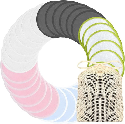 Chloven Reusable Cotton Rounds - 30 Pack Washable Bamboo Makeup Remover Pads for Gentle Cleansing Reusable Face Pads for Skincare & Nail Polish Removal with Mesh Laundry Bag