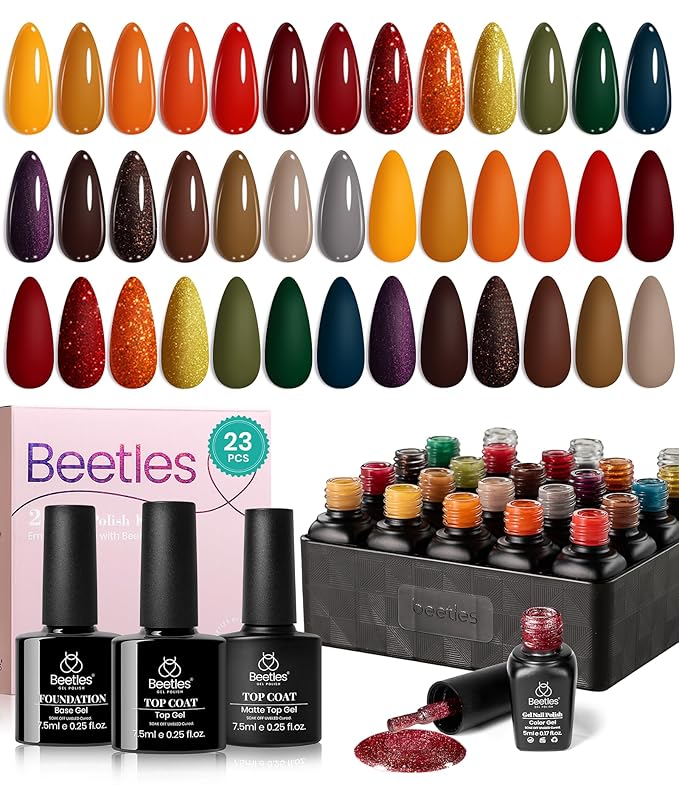Beetles Fall Gel Nail Polish Set - Cozy Campfire Gel Polish Set 20 Colors Orange Yellow Green Brown Red Soak Off Uv Lamp Need Base Glossy Matte Top Coat Manicure Kit Gift for Girls Women
