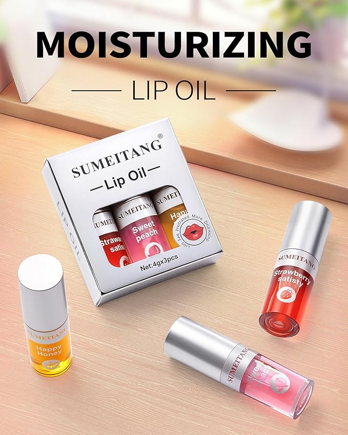 3Pcs Hydrating Lip Oil Set，Non-sticky Lip Oils Gloss Lip Balm Lip Care，Deeply Nourishing and Repairing Prevents Lips Chapped and Lighten Lip Lines(Honey，Peach，Strawberry)