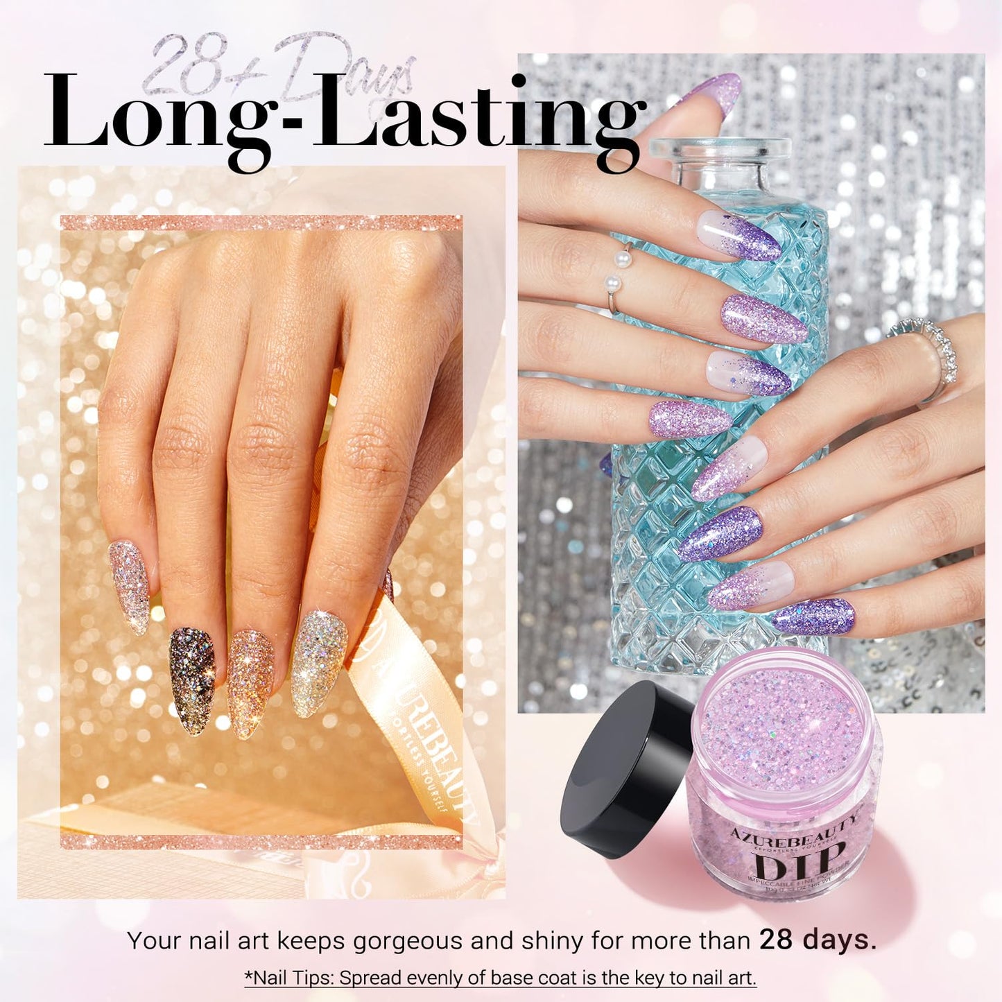 AZUREBEAUTY Dip Nails Powder Starter Kit, Silver Pink Blue Purple Black Shiny Chrome Platinum 8 All Season Colors with Nail Sticks, Base Glossy/Matte Top Coat Activator Liquid Set Manicure Art 30 PCS