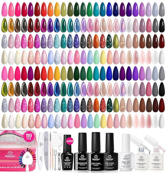 Beetles Nail Nook Gel Nail Polish Set - 119 PCS 100 Colors Gel Polish Kit Base Glossy Matte Glitter Top Coat Neon Glitter Pearl Cat Eye White Red Pink Nude Nails Gift for Women