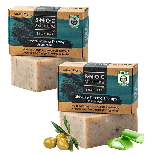Certified Organic Eczema Soaps with Oatmeal — 2-Pack, Unscented — Food-Grade Aloe & Cocoa Butter for Eczema, Dry, Itchy Skin & Psoriasis — for Adults & Children (2)