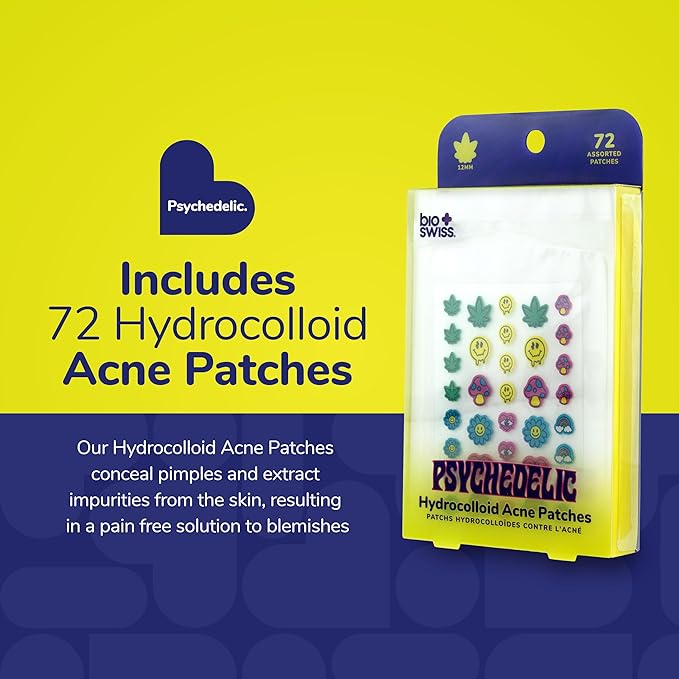 BioSwiss Psychedelic Pimple Patches, Hydrocolloid Acne Patch for Zits and Blemishes, Face and Skin Stickers, 72 Count
