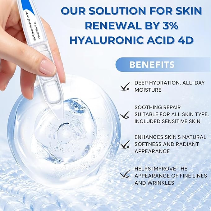 3% Hyaluronic Acid Serum, 4D Hyaluronic Acid Serum Ultra-Hydrating Vials, Hylunaric Acid Non-Greasy, Fast Absorption, Intensive Moisturizing, Deep Hydration & Smoothing (1 Box of 30 tubes)
