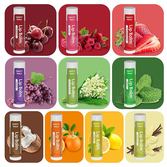 20 Pack Natural Lip Balm Bulk with Vitamin E and Coconut Oil Valentine's Day best choice - Moisturizing, Soothing, and Repairing Dry and Chapped Lips Valentine's Gift - 10 Flavors - Non-GMO