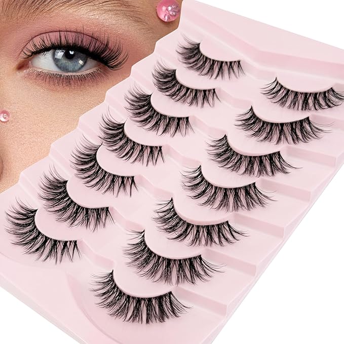 Cat Eye Lashes False Eyelashes Natural Look, Yasnai Wispy Fake Lashes Volume Lashes, Strips Lashes Natural Eyelashes Clear Band 6 Pairs Pack