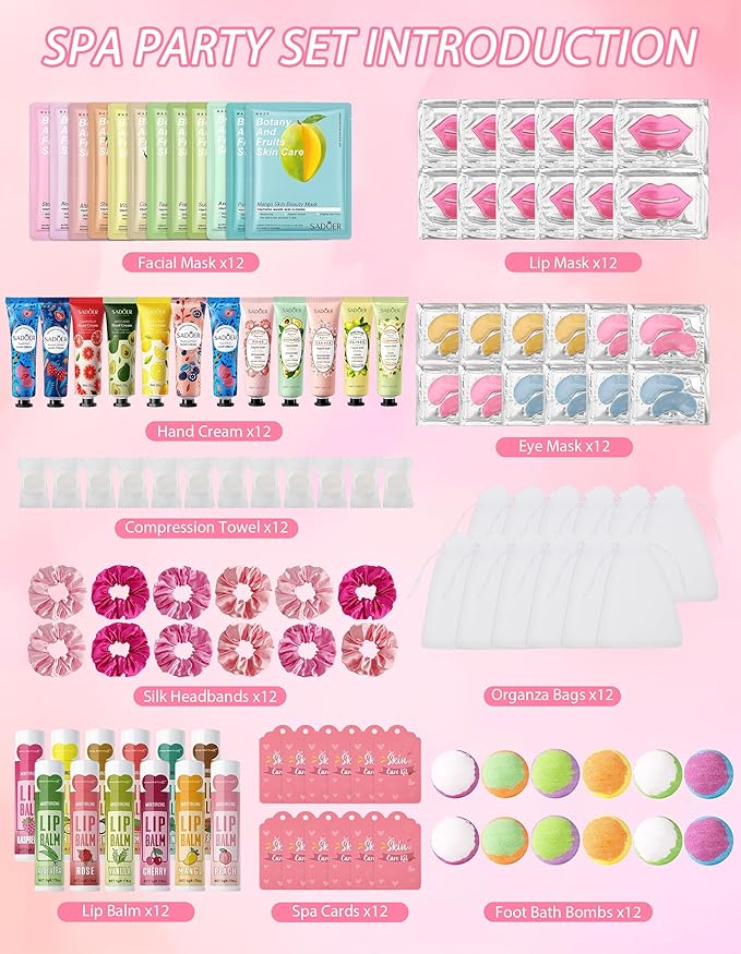 120PCS Spa Party Supplies for Girls, Include Facial Masks, Lip Mask, Under Eye Patches, Lip Balm, Foot Bath Bombs, Hand Cream, Compressed Towel, Hair Band, Sleepover Party Supplies for Girls