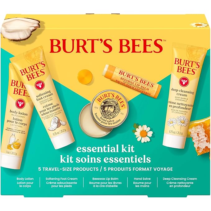 Burt's Bees Back to School Gift Ideas - Essentials Everyday Set, 5 Travel Size Products - Deep Cleansing Cream, Hand Salve, Body Lotion, Foot Cream and Original Lip Balm