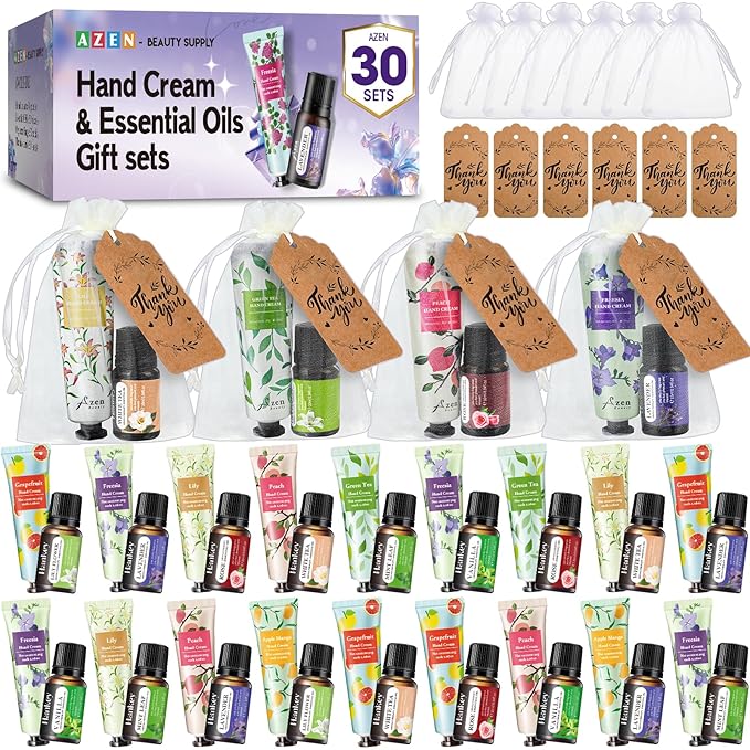 AZEN 30 Sets Bulk Gifts, Hand Cream and Essential Oils Bulk Set with Organza Bag Thank You Card, Baby Shower Wedding Gifts for Guests, Bridal Wedding Favors for Guests,Thank You Gifts for Women