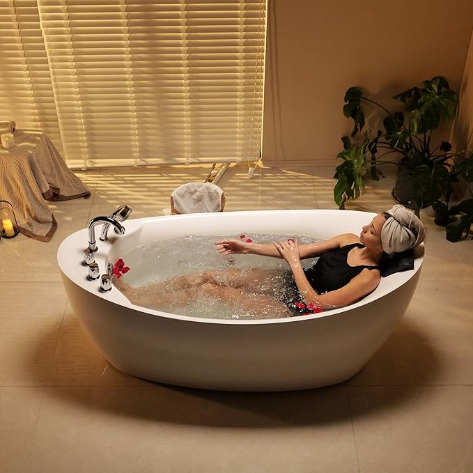 67 in. Acrylic Freestanding Bath Tub Hydromassage Gracefully Oval Shaped 7 Water Jets Soaking SPA, Single-Ended Massage Bathtubs with Pillow, White