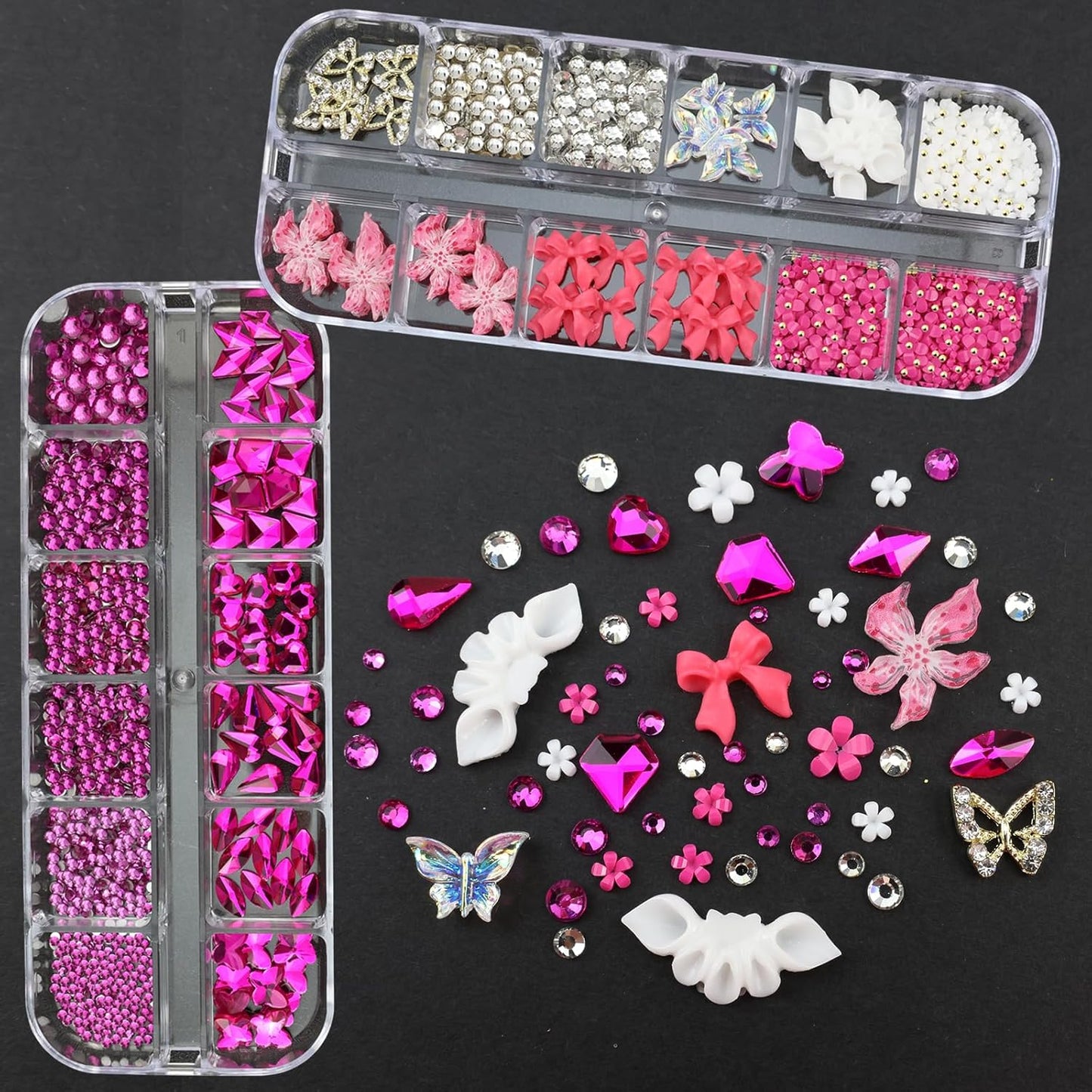 4 Boxes Pink Red Nail Gems Bow Flower Nail Charms for Acrylics - Irregular Crystals, Nails Rhinestone & Accessories for Women Nails Art Design Nails Decor(Pink & Red)