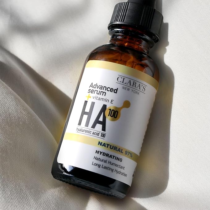 CLARA'S NEW YORK Glycolic Acid Facial Serum with Vitamin E for Exfoliating Smoothing Glowing Face Skin - Made in USA 30ml (1Fl/Oz) (Hyaluronic Acid 100)