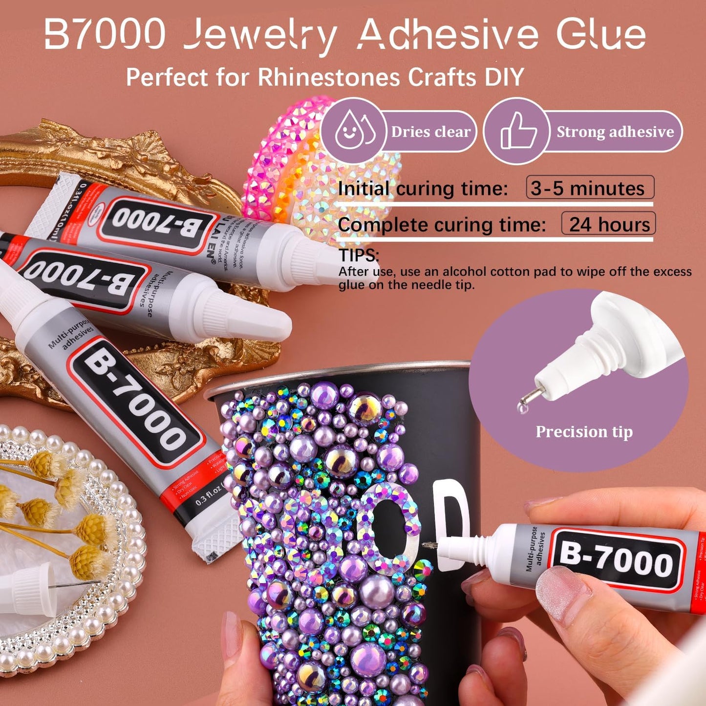 80g Flatback Pearls and Rhinestones for Crafting, Pink White 3-10mm Resin Rhinestones and Half Pearls for Bedazzling, Nail Art and Dec with 3pcs 10ml B7000 Jewelry Glue, Tweezer and Pickup Pencil