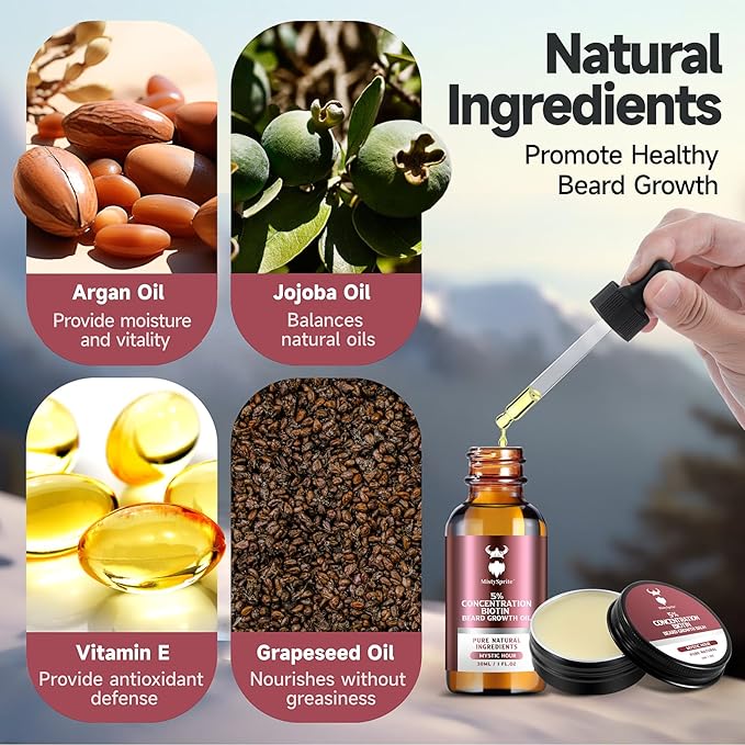 Beard Growth kit & Beard Balm - Beard Growth Kit with 5% Concentration Biotin for Men, Natural Ingredients with Argan Oil, Jojoba Oil and Vitamin (Mystic Hour)