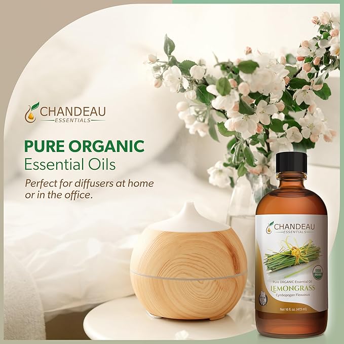 100% Pure Organic Essential Oil, Pure Lemongrass Essential Oil for Aromatherapy, Soap Making, Candles, Laundry, Perfume, Cleaners or Diffusers - Large Amber Glass Bottle, 16 oz.