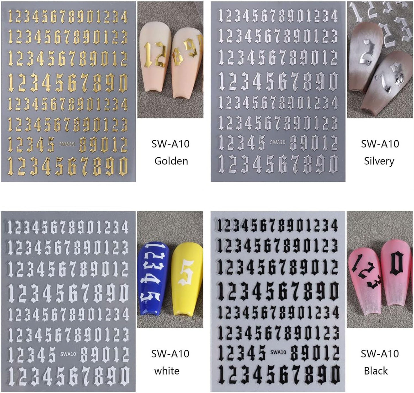 8 Sheets Letters Nail Stickers Decals Alphabet Numbers Nail Decals for Nail Art 3D Self-Adhesive Metallic Black Silver Gold Nail Art Stickers Supplies for Women Girls Nail Decoration Manicure