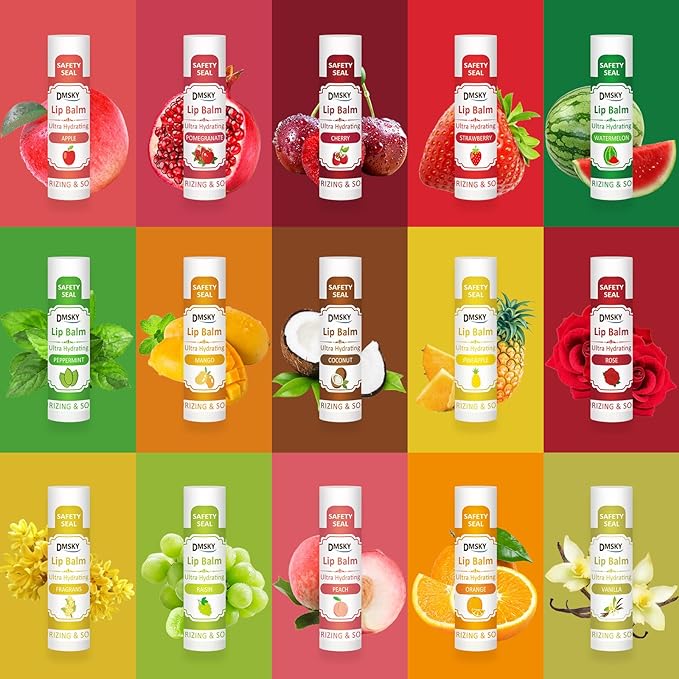 DMSKY 30 Pack Lip Balm, Natural Lip Balm Bulk with Vitamin E and Coconut Oil, Moisturizing Soothing Chapped Lips-15 Flavors