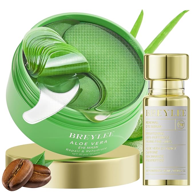 BREYLEE Renewal Care Kit with Aloe Vera Eye Masks – 60 Pcs & Renewing Serum, Under Eye Patches For Puffy Eyes,Hydrates, Improves And Firms The Eye Area, Suitable For Both Women And Men