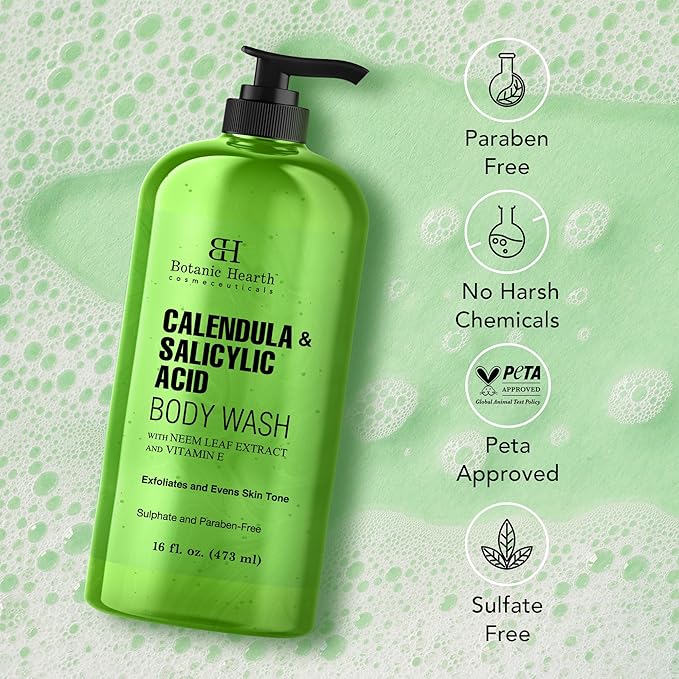 Botanic Hearth Calendula & Salicylic Acid Body Wash | Shower Gel 16 Fl Oz | Exfoliating Body Cleanser With Neem Leaf Extract & Vitamin E | Sulfate & Paraben|Free