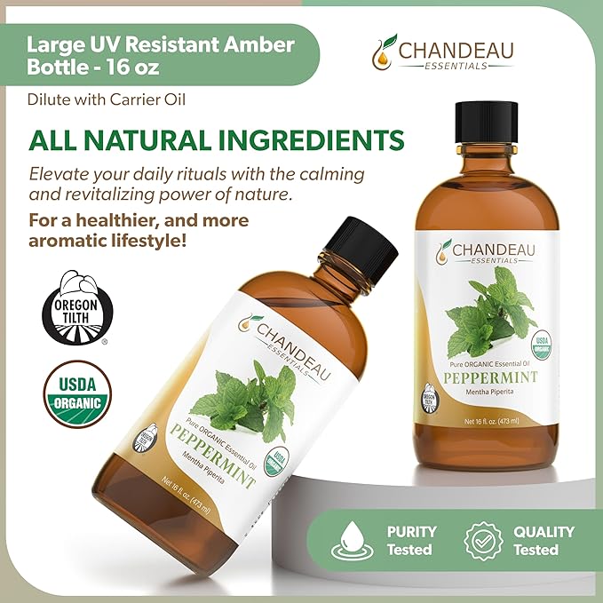100% Pure Organic Essential Oil, Pure Peppermint Essential Oil for Aromatherapy, Soap Making, Candles, Laundry, Perfume, Cleaners or Diffusers - Large Amber Glass Bottle, 16 oz.