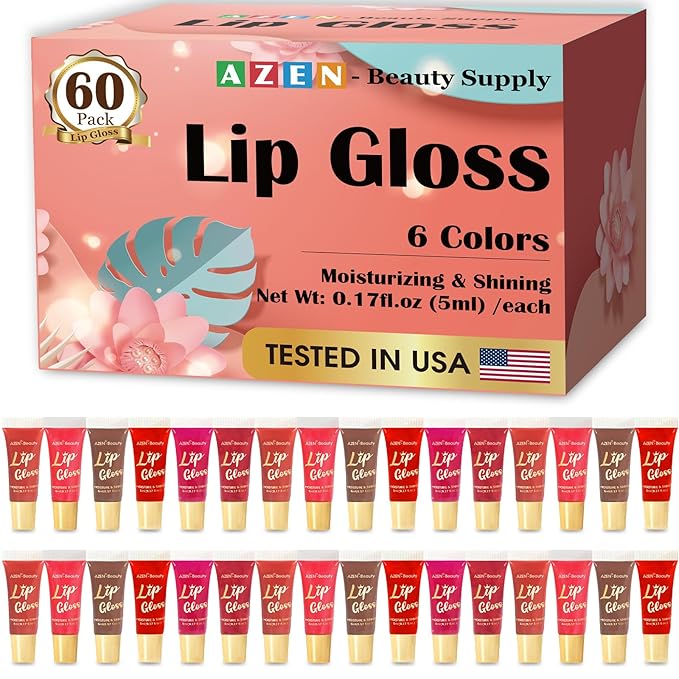 AZEN 60 Pack Lip Gloss Set, Color Lip Oil for Dry Cracked Lips Moisturizing Hydrating Nourishing with Vitamin E