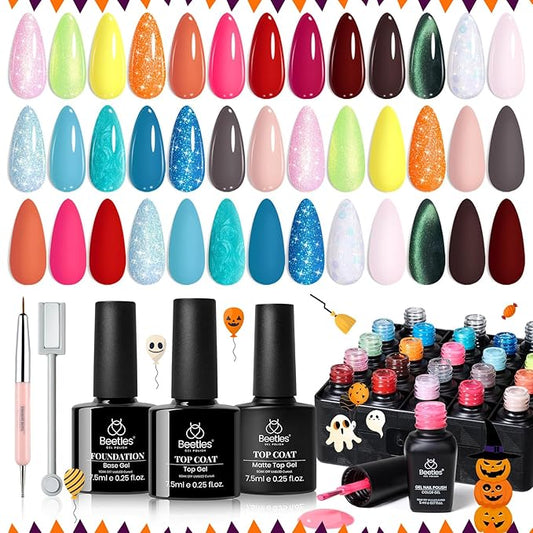 Beetles Gel Nail Polish Set - 20 Colors Gel Polish Pink Blue Green Yellow Pearl Color Gel with Base Glossy & Matte Top Coat Uv DIY Salon Manicure Kit Beach Bash Halloween Nails Gift for Women