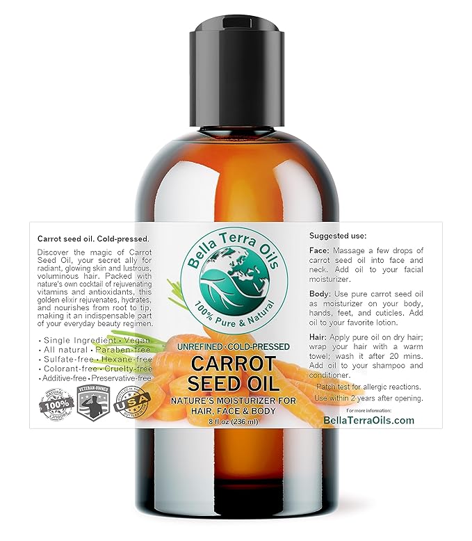 Bella Terra Oils - Organic Carrot Seed Oil 8 oz - Not Just for Tanning, Packed with Antioxidants, Cold-Pressed for Ultimate Skin Embrace & Natural Shine