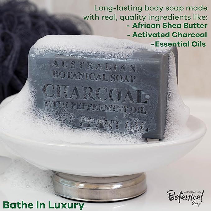 Australian Botanical African Black Soap with Activated Charcoal and Peppermint Oil 6.6 oz, Pack of 8 Activated Charcoal Soap with Raw Organic Shea Butter, for All Skin Types