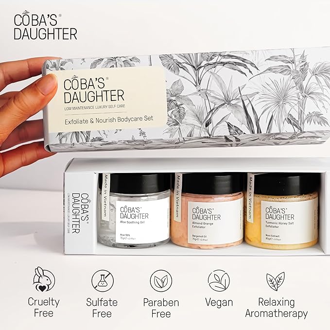 COBA'S DAUGHTER Women Gift Set – 3-Piece Body Care Spa Kit with Honey Turmeric Scrub, Almond Orange Scrub & Aloe Vera Gel – Self-Care Gift Box, Spa Gift Basket, Travel Size Beauty Set