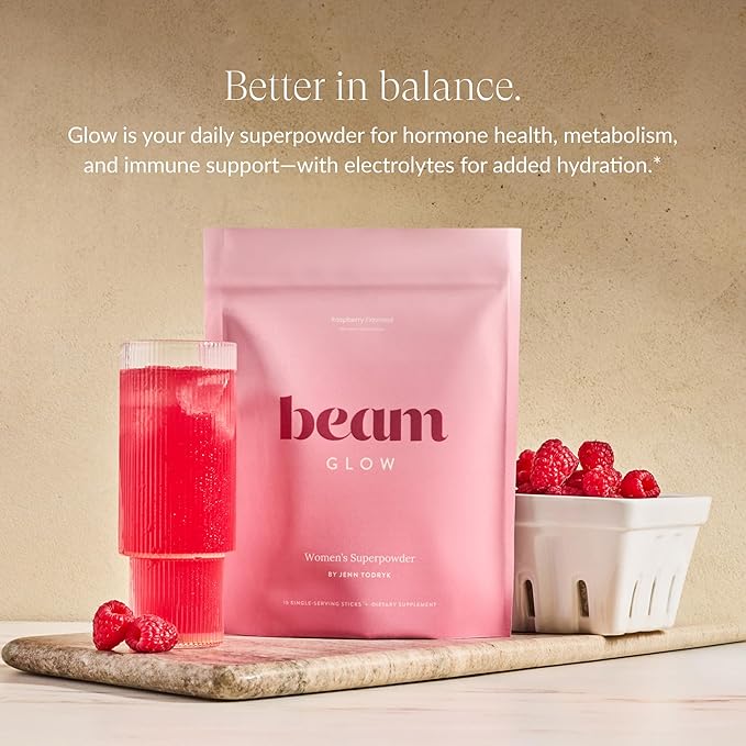 Beam Glow, Hormone Balance for Women, Thyroid Support for Women, Natural Hormone Support Powder with Selenium and Bromelain, PMS Relief, Energy, Hair Skin & Nails, Vegan, No Sugar, 15 Servings