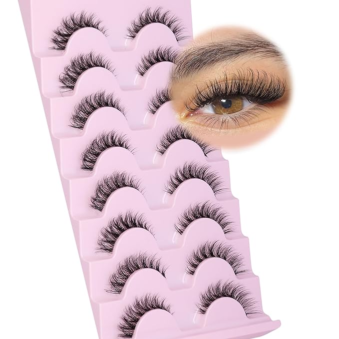 Cat Eye Lashes 13MM Short False Eyelashes Clear Band Natural Look Fluffy Faux Mink Lashes Wispy Soft Eyelashes Lightweight Handmade 8 Pairs Pack Eyelashes