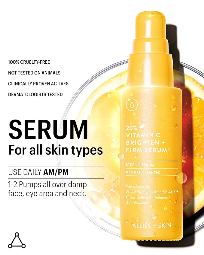 Allies of Skin 20% Vitamin C Serum | Daily Glow & Firming Face Serum | Lightweight Waterless Formula Treats Uneven Tone & Spots | Anti-Aging Support for Smooth, Radiant Skin (1 oz)