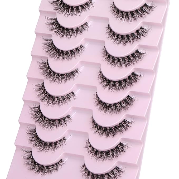 Cat Eye Lashes 8 Pairs Mink False Eyelashes Natural Look Soft Faux Mink Lashes Fluffy Wispy Lashes Handmade Lightweight Fox Eye D Curl Comfortable Clear Band Eyealshes