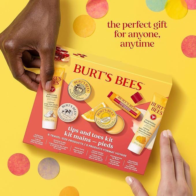 Burt's Bees Back to School Gift Ideas, Tips and Toes Kit, 6 Travel Size Products - Pomegranate Moisturizing Lip Balm, 2 Hand Creams, Foot Cream, Cuticle Cream, and Hand Salve