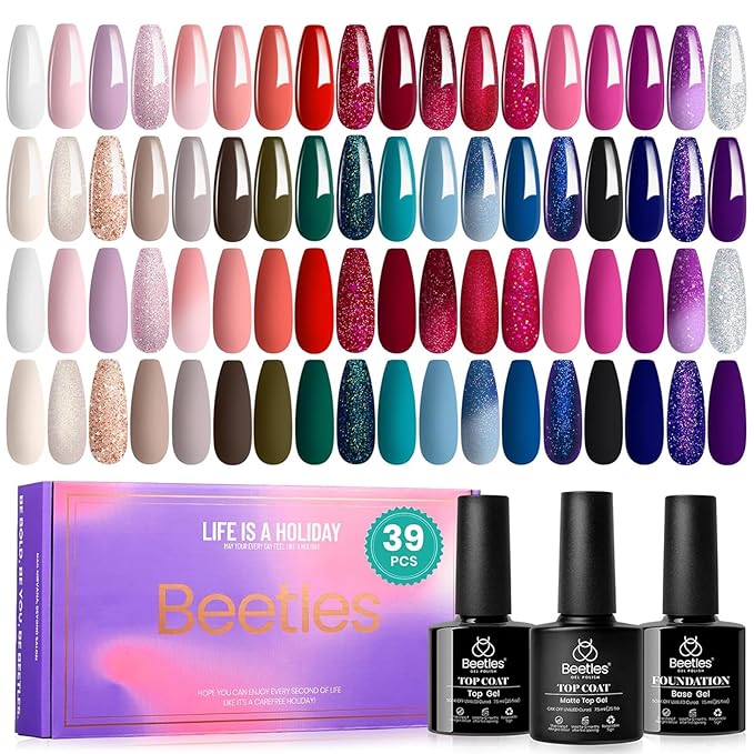 Beetles Halloween Gel Polish Set 39Pcs Red Burgundy Blue Green Nude Pink Purple Gel Nail Polish with Base Matte Glossy Top Coat for Manicure Lovers DIY at Home Gift for Women Enchanted Jewelry